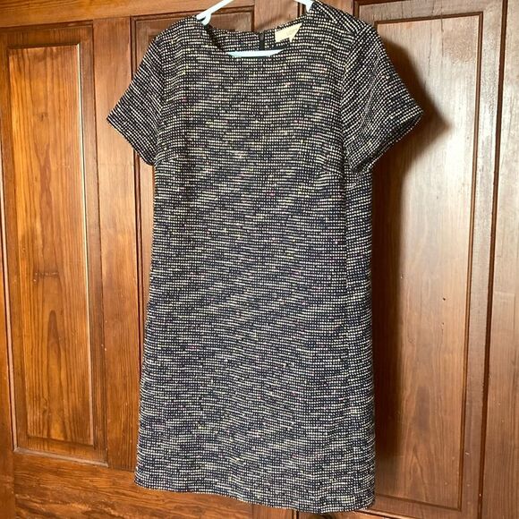 Loft Navy Blue with Pink Yellow White Zip Short Sleeve Tweed Shift Dress Sz 10 - Picture 1 of 9
